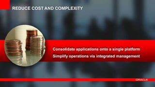 41 Copyright © 2012, Oracle and/or its affiliates.All rights
reserved.
Consolidate applications onto a single platform
Simplify operations via integrated management
REDUCE COST AND COMPLEXITY
 
