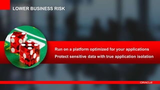 47 Copyright © 2012, Oracle and/or its affiliates.All rights
reserved.
Run on a platform optimized for your applications
Protect sensitive data with true application isolation
LOWER BUSINESS RISK
 