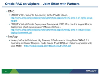 Oracle RAC on vSphere – Joint Effort with Partners
• EMC
 EMC IT’s “On-Ramp” to the Journey to the Private Cloud -
http://www.emc.com/collateral/hardware/white-papers/h8170-emc-it-on-ramp-cloud-
wp.pdf
 EMC IT’s Virtual Oracle Deployment Framework, EMC IT is one the largest Oracle
deployment which is running on VMware vSphere -
http://www.emc.com/collateral/hardware/white-papers/h8989-emc-it-virtual-oracle-
deploy-framework.pdf
• NetApp
 NetApp's Oracle Database 11g Release 2 Performance Using Data ONTAP 8.1
Operating in Cluster-Mode (4- Node Oracle 11gr2 RAC on vSphere compared with
Bare Metal) - http://media.netapp.com/documents/tr-3961.pdf
35
 