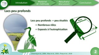 Lacs peu profonds
Lacs peu profonds peu étudiés⇒
⇒ Nombreux rôles
⇒ Exposés à l’eutrophisation
2Downing et al., 2006 ; Mao et al., 2020 ; Pinay et al., 2018
 