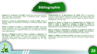 Bibliographie
Angeler, D. G., & Moreno, J. M. (2007). Zooplankton community resilience
after press-type anthropogenic stress in temporary ponds. Ecological
Applications, 17(4), 1105–1115.
Bertolo, A., Lacroix, G., Lescher-Moutous, F., & Sala, S. (1999). Effects of
physical refuges on fishplankton interactions. Freshwater Biology, 41(4),
795-808.
Bolduc, P., Bertolo, A., Hudon, C., & Pinel-Alloul, B. (2020). Submerged
aquatic vegetation cover and complexity drive crustacean zooplankton
community structure in a large fluvial lake: An in situ approach. Journal of
Great Lakes Research.
Burks, R. L., Mulderij, G., Gross, E., Jones, I., Jacobsen, L., Jeppesen, E., &
Van Donk, E. (2006). Center stage: the crucial role of macrophytes in
regulating trophic interactions in shallow lake wetlands. In Wetlands:
functioning, biodiversity conservation, and restoration (p. 37– 59).
Springer.
Mangas-Ramirez, E., & Elias-Gutierrez, M. (2004). Effect of mechanical
removal of water hyacinth (Eichhornia crassipes) on the water quality and
biological communities in a Mexican reservoir. Aquatic Ecosystem Health &
Management, 7(1), 161–168.
Pannard, A., Masse, S., Francez, A.-J., Rodriguez-Perez, H., Caudal, J.-P.,
Pallois, F., Llopis, S., Gouesbet, V., Azougui, A., Bouger, G., Petton, C.,
Crave, A., Leitao, A., Gillier, J.-M., & Gallais, P. (2019). Fonctionnement
biogéochimique et hydrosédimentaire du Lac de Grand-Lieu (No 1).
Pinay, G., Gascuel, C., Menesguen, A., Souchon, Y., Le Moal, M., Levain, A.,
Etrillard, C., Moatar, F., Pannard, A., & Souchu, P. (2018). L’eutrophisation :
Manifestations, causes,conséquences et prédictibilité. Editions Quae.
Phillips, G., Willby, N., & Moss, B. (2016). Submerged macrophyte decline in
shallow lakes: what have we learnt in the last forty years? Aquatic Botany,
135, 37–45.
24
 