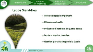 Lac de Grand-Lieu
28
⇒ Rôle écologique important
⇒ Réserve naturelle
⇒ Présence d’herbiers de jussie dense
⇒ Jussie = espèce invasive
⇒ Gestion par arrachage de la jussie
Pannard et al., 2019
 