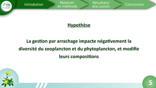 5
Hypothèse
La gestion par arrachage impacte négativement la
diversité du zooplancton et du phytoplancton, et modifie
leurs compositions
 