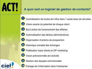 A quoi sert un   logiciel de gestion de contacts? Centralisation de toutes les infos dans 1 seule base de données  Vision exacte du potentiel de chaque client  Suivi précis de l'avancement des affaires  Automatisation des tâches administratives Organisation d’actions de prospection  Historique complet des échanges  Fidélisation base clients et OP marketing Vision prévisionnelle de l’activité Gestion des équipes commerciales Partage de l’information dans l’entreprise 1 2 3 4 5 6 7 8 9 10 
