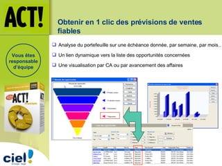 Obtenir en 1 clic des prévisions de ventes fiables Analyse du portefeuille sur une échéance donnée, par semaine, par mois… Un lien dynamique vers la liste des opportunités concernées Une visualisation par CA ou par avancement des affaires Vous êtes responsable d’équipe 