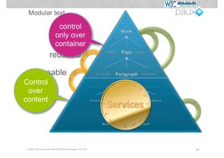Modular text

                            control
                           only over




                                                              1"#


                                                                       1"#
                                                                 "n"
                           container




                                                                          "n"
                      reusable


                                                        "
                                                       "m
                                                   n"#
        reusable                       n"#
                                            "
                                           "m

Control
 over
content




                                                                                1"#
                                                                                   "n"
 © W3C German-Austrian Office & PAUX Technologies, APE 2012                       24
 