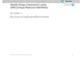 Identify things (“resources”) using
URIs (Unique Resource Identifiers)

“Eric Miller” =
http://www.w3.org/People/EM/contact#me




© W3C German-Austrian Office & PAUX Technologies, APE 2012   8
 