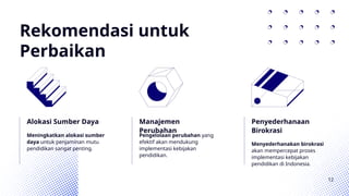 Rekomendasi untuk
Perbaikan
Alokasi Sumber Daya
Meningkatkan alokasi sumber
daya untuk penjaminan mutu
pendidikan sangat penting.
Manajemen
Perubahan
Pengelolaan perubahan yang
efektif akan mendukung
implementasi kebijakan
pendidikan.
Penyederhanaan
Birokrasi
Menyederhanakan birokrasi
akan mempercepat proses
implementasi kebijakan
pendidikan di Indonesia.
12
 