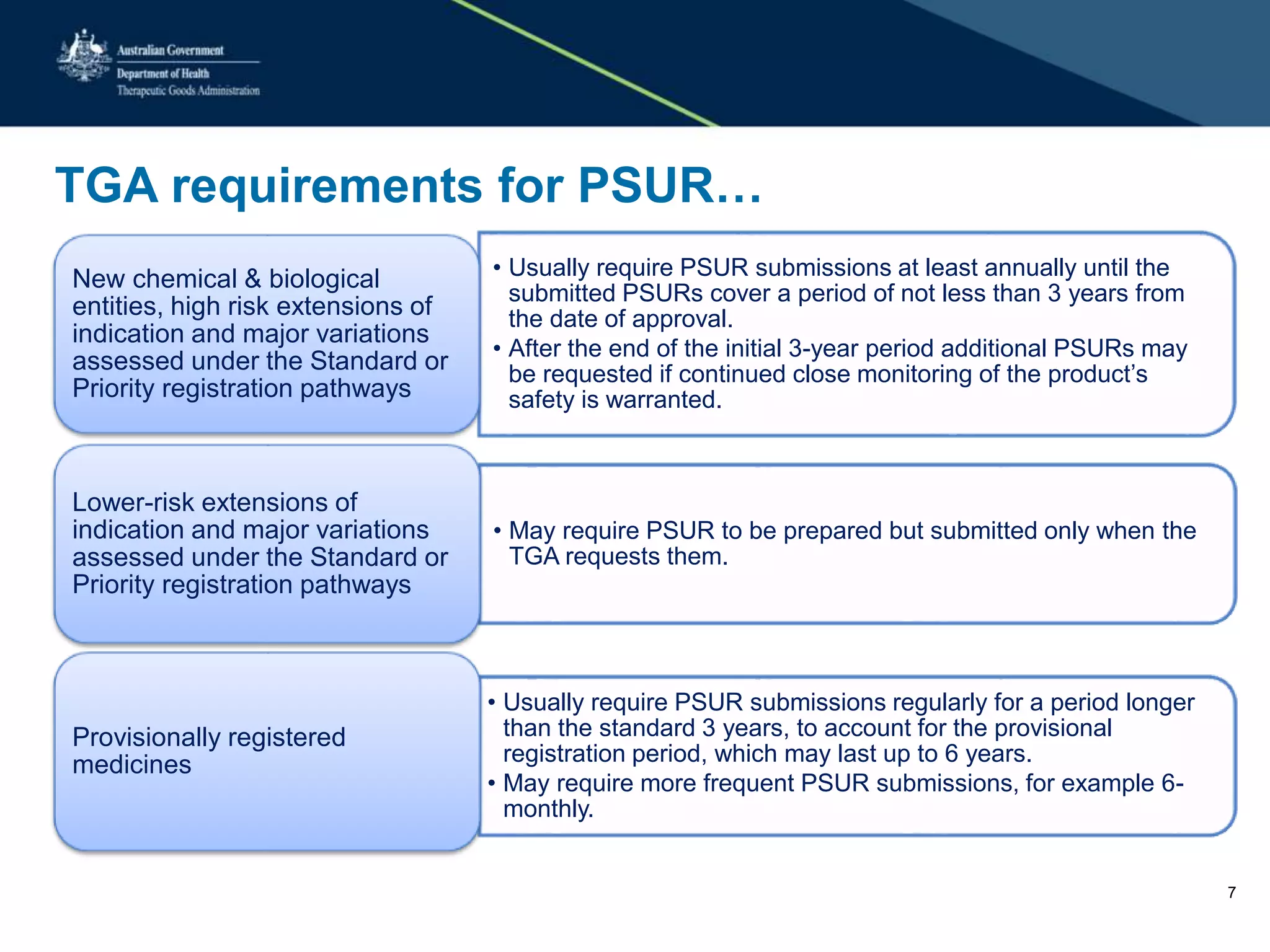 TGA requirements for PSUR…
• Usually require PSUR submissions at least annually until the
submitted PSURs cover a period of not less than 3 years from
the date of approval.
• After the end of the initial 3-year period additional PSURs may
be requested if continued close monitoring of the product’s
safety is warranted.
New chemical & biological
entities, high risk extensions of
indication and major variations
assessed under the Standard or
Priority registration pathways
• May require PSUR to be prepared but submitted only when the
TGA requests them.
Lower-risk extensions of
indication and major variations
assessed under the Standard or
Priority registration pathways
• Usually require PSUR submissions regularly for a period longer
than the standard 3 years, to account for the provisional
registration period, which may last up to 6 years.
• May require more frequent PSUR submissions, for example 6-
monthly.
Provisionally registered
medicines
7
 
