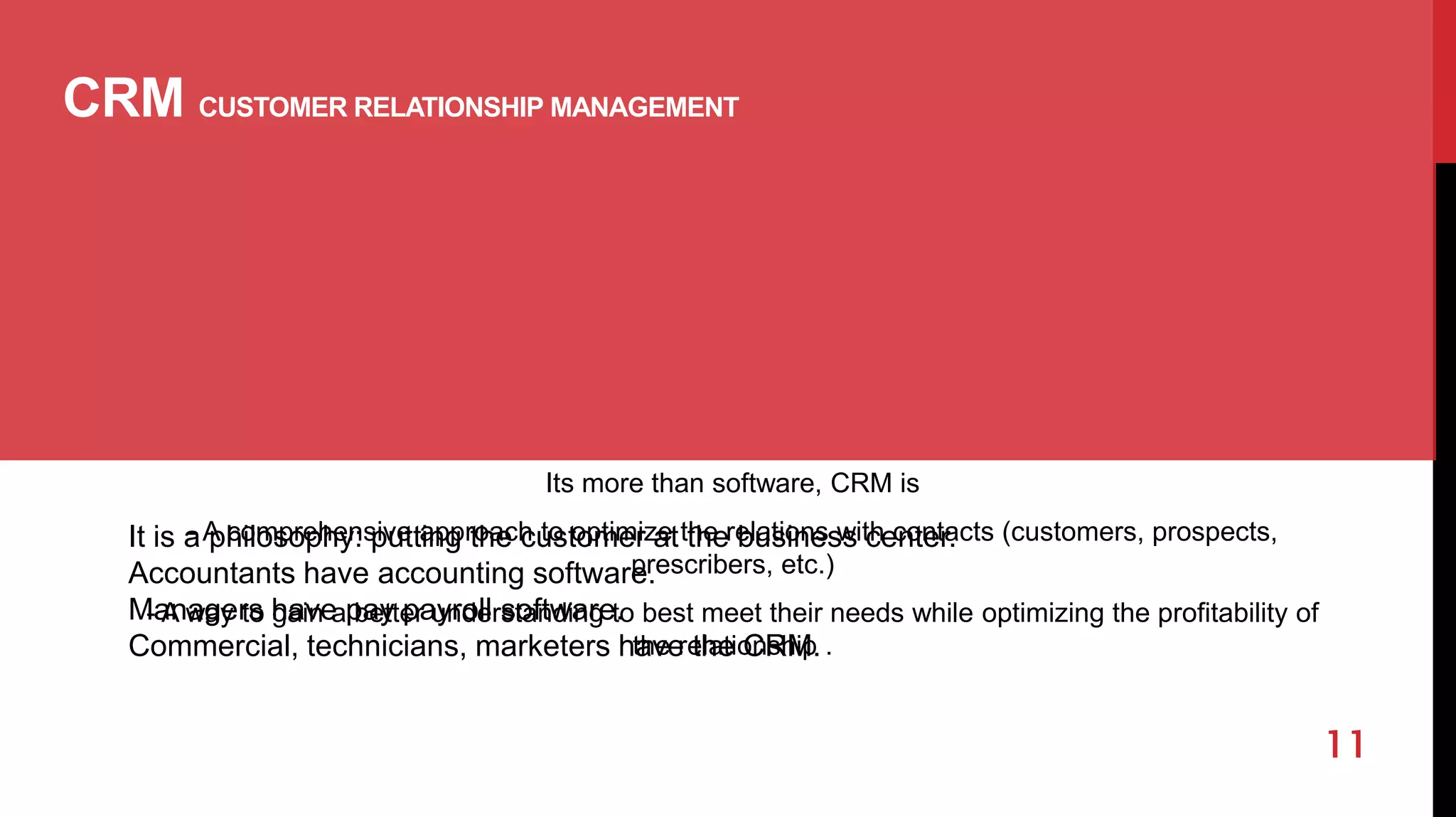 CRM CUSTOMER RELATIONSHIP MANAGEMENT
Its more than software, CRM is
- A comprehensive approach to optimize the relations with contacts (customers, prospects,
prescribers, etc.)
- A way to gain a better understanding to best meet their needs while optimizing the profitability of
the relationship .
11
It is a philosophy: putting the customer at the business center.
Accountants have accounting software.
Managers have pay payroll software.
Commercial, technicians, marketers have the CRM.
 
