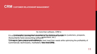 CRM CUSTOMER RELATIONSHIP MANAGEMENT
Its more than software, CRM is
- A comprehensive approach to optimize the relations with contacts (customers, prospects,
prescribers, etc.)
- A way to gain a better understanding to best meet their needs while optimizing the profitability of
the relationship .
11
It is a philosophy: putting the customer at the business center.
Accountants have accounting software.
Managers have pay payroll software.
Commercial, technicians, marketers have the CRM.
 