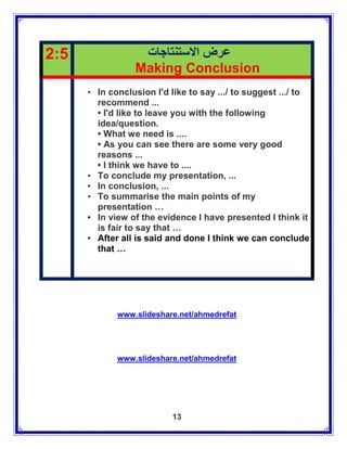 2:5               ‫عرض االستنتاجات‬
                 Making Conclusion
      • In conclusion I'd like to say .../ to suggest .../ to
        recommend ...
        • I'd like to leave you with the following
        idea/question.
        • What we need is ....
        • As you can see there are some very good
        reasons ...
        • I think we have to ....
      • To conclude my presentation, ...
      • In conclusion, ...
      • To summarise the main points of my
        presentation …
      • In view of the evidence I have presented I think it
        is fair to say that …
      • After all is said and done I think we can conclude
        that …




             www.slideshare.net/ahmedrefat




             www.slideshare.net/ahmedrefat




                           13
 