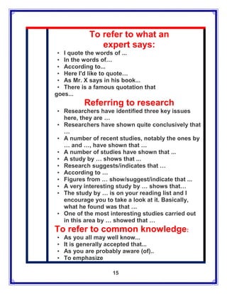 To refer to what an
                expert says:
 • I quote the words of ...
 • In the words of…
 • According to...
 • Here I'd like to quote…
 • As Mr. X says in his book...
 • There is a famous quotation that
goes...
           Referring to research
• Researchers have identified three key issues
  here, they are …
• Researchers have shown quite conclusively that
  …
• A number of recent studies, notably the ones by
  … and …, have shown that …
• A number of studies have shown that ...
• A study by … shows that ...
• Research suggests/indicates that …
• According to …
• Figures from … show/suggest/indicate that ...
• A very interesting study by … shows that…
• The study by … is on your reading list and I
  encourage you to take a look at it. Basically,
  what he found was that …
• One of the most interesting studies carried out
  in this area by … showed that …
To refer to common knowledge:
•   As you all may well know...
•   It is generally accepted that...
•   As you are probably aware (of)..
•   To emphasize

                     15
 