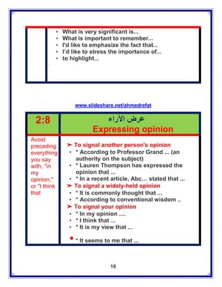 •   What is very significant is...
           •   What is important to remember...
           •   I'd like to emphasize the fact that...
           •   I’d like to stress the importance of...
           •   to highlight...
       .




                   www.slideshare.net/ahmedrefat


 2:8                         ‫عرض اآلراء‬
                          Expressing opinion
Avoid
preceding       ➤ To signal another person's opinion
everything      • * According to Professor Grand ... (an
you say           authority on the subject)
with, "in       • * Lauren Thompson has expressed the
my                opinion that ...
opinion,"       • * In a recent article, Abc… stated that ...
or "I think     ➤ To signal a widely-held opinion
that            • * It is commonly thought that ...
                • * According to conventional wisdom ..
                ➤ To signal your opinion
                • * In my opinion ....
                • * I think that ...
                • * It is my view that ...

                 • * It seems to me that ...
                                 16
 