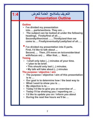 1:4           ‫التعريف بالمالمح العامة للعرض‬
               Presentation Outline
      Outline
      • I've divided my presentation
        into…..parts/sections. They are ...
      • The subject can be looked at under the following
        headings. Firstly/first of all…..
        Secondly/then/next ……Thirdly/and then we
        come to…. Finally/eventually/Lastly/last of all…..

      • I've divided my presentation into X parts.
         First, I'd like to talk about ...
         Second, ... Then, (I'll move on to/consider/deal
         with/focus on) ... After that, ... Next, ...
      Timing
       • I shall only take (...) minutes of your time.
         • I plan to be brief.
         • This should only last (...) minutes.
         • My talk will take about (...) minutes
      The purpose / objective / aim
       • The purpose / objective / aim of this presentation
         is to …
       • Our goal is to determine how / the best way to
       • What I want to show you is …
       • My objective is to …
       • Today I’d like to give you an overview of …
       • Today I’ll be showing you / reporting on …
       • I’d like to update you on / inform you about
       • During the next few hours we’ll be …




                           7
 