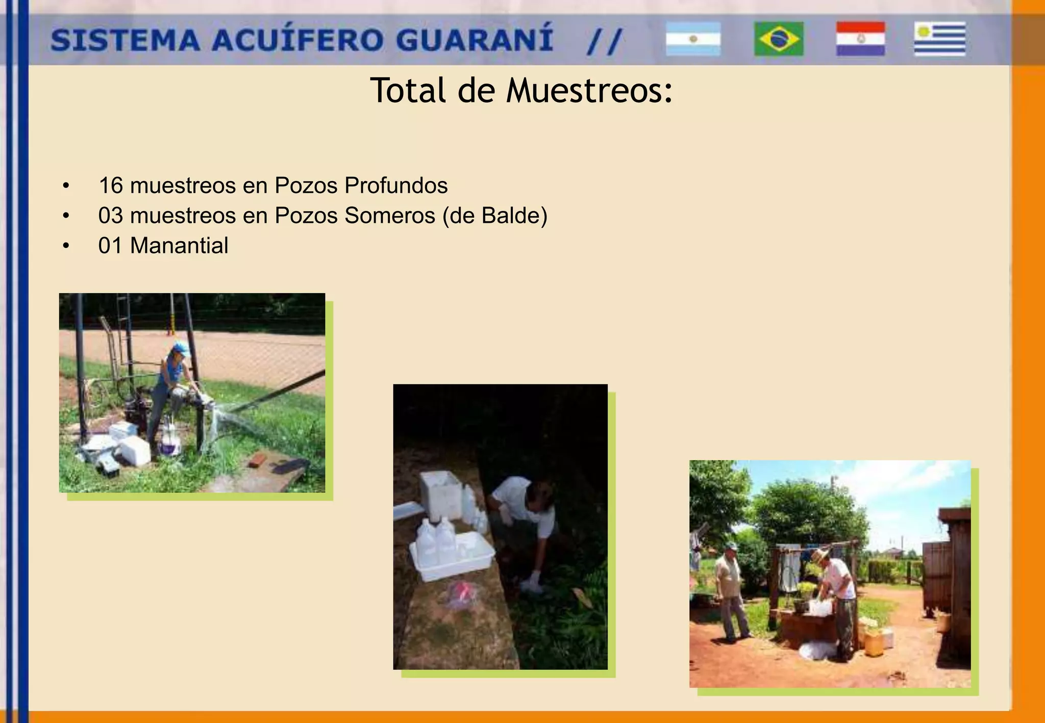 Total de Muestreos: 
• 16 muestreos en Pozos Profundos 
• 03 muestreos en Pozos Someros (de Balde) 
• 01 Manantial 
 
