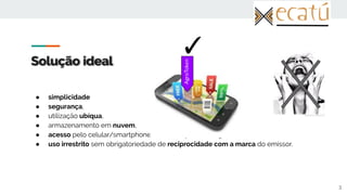 Solução ideal
● simplicidade
● segurança,
● utilização ubíqua,
● armazenamento em nuvem,
● acesso pelo celular/smartphone só com impressão digital,
● uso irrestrito sem obrigatoriedade de reciprocidade com a marca do emissor.
3AgroToken
✓
 