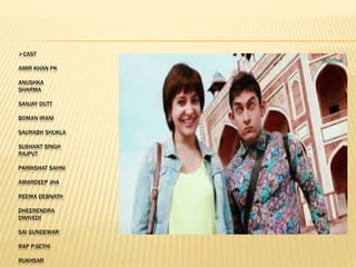 CAST
AMIR KHAN PK
ANUSHKA
SHARMA
SANJAY DUTT
BOMAN IRANI
SAURABH SHUKLA
SUSHANT SINGH
RAJPUT
PARIKSHAT SAHNI
AMARDEEP JHA
REEMA DEBNATH
DHEERENDRA
DWIVEDI
SAI GUNDEWAR
RAP P.SETHI
RUKHSAR
 