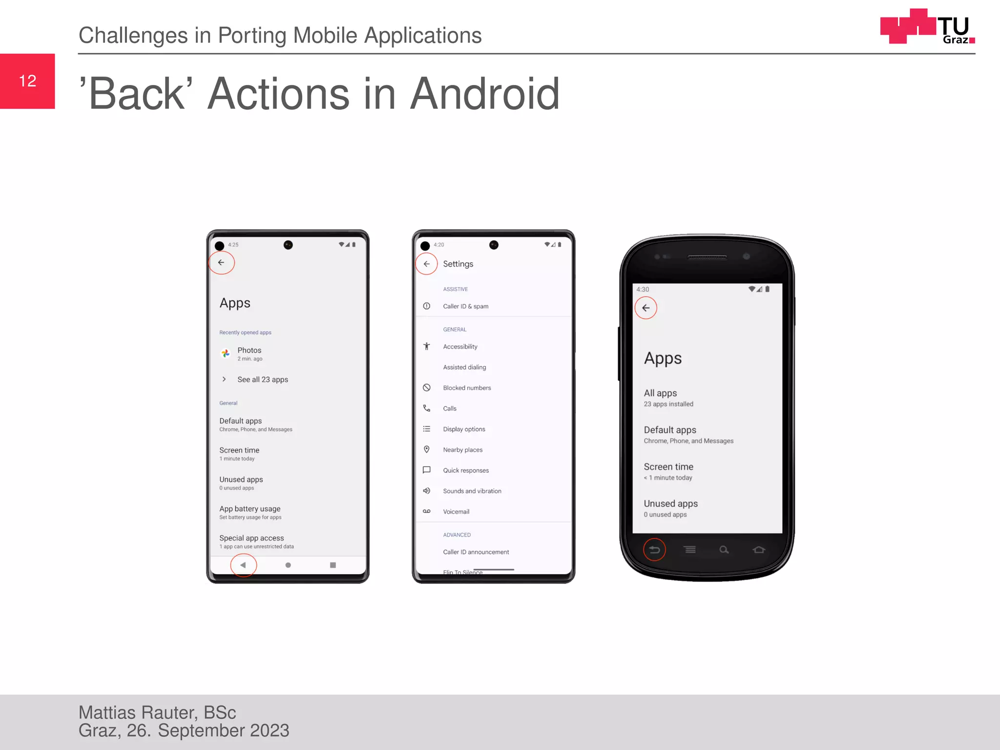 12
Challenges in Porting Mobile Applications
’Back’ Actions in Android
Mattias Rauter, BSc
Graz, 26. September 2023
 