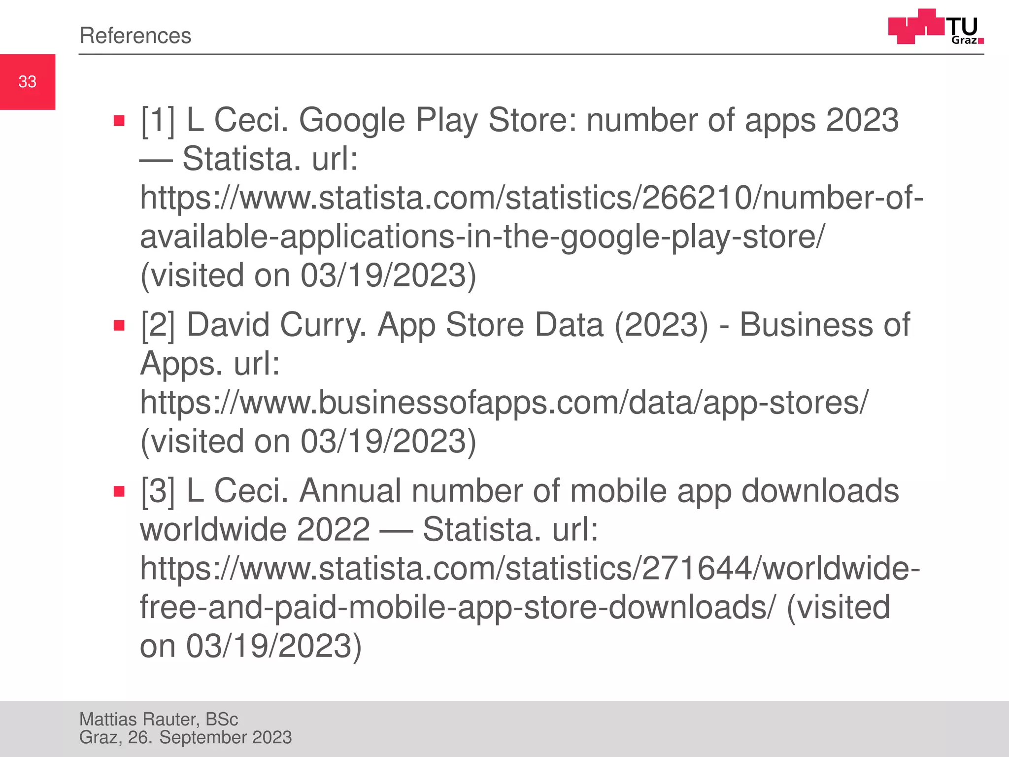 33
References
[1] L Ceci. Google Play Store: number of apps 2023
— Statista. url:
https://www.statista.com/statistics/266210/number-of-
available-applications-in-the-google-play-store/
(visited on 03/19/2023)
[2] David Curry. App Store Data (2023) - Business of
Apps. url:
https://www.businessofapps.com/data/app-stores/
(visited on 03/19/2023)
[3] L Ceci. Annual number of mobile app downloads
worldwide 2022 — Statista. url:
https://www.statista.com/statistics/271644/worldwide-
free-and-paid-mobile-app-store-downloads/ (visited
on 03/19/2023)
Mattias Rauter, BSc
Graz, 26. September 2023
 