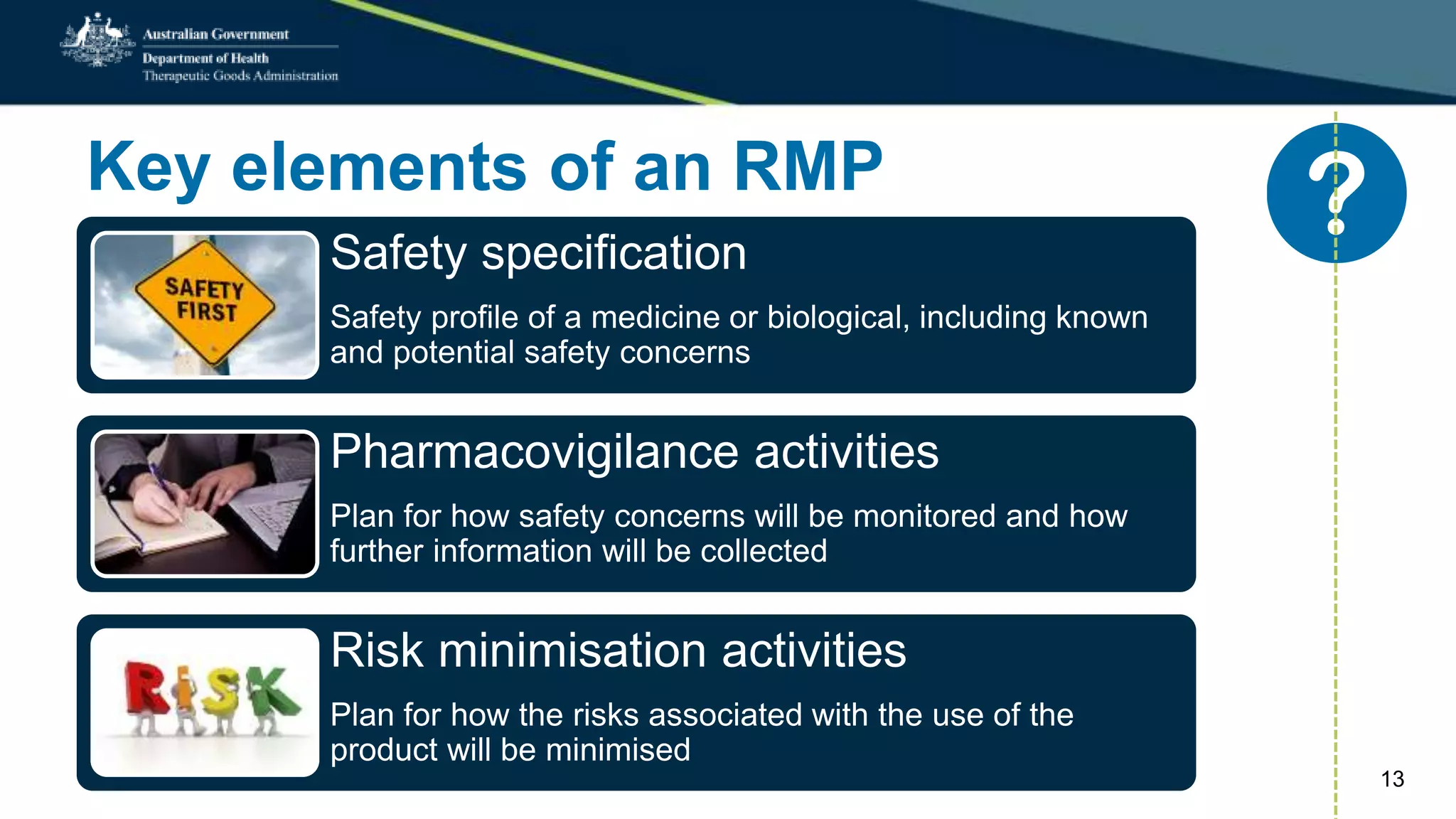 Key elements of an RMP
Safety specification
Safety profile of a medicine or biological, including known
and potential safety concerns
Pharmacovigilance activities
Plan for how safety concerns will be monitored and how
further information will be collected
Risk minimisation activities
Plan for how the risks associated with the use of the
product will be minimised
13
 