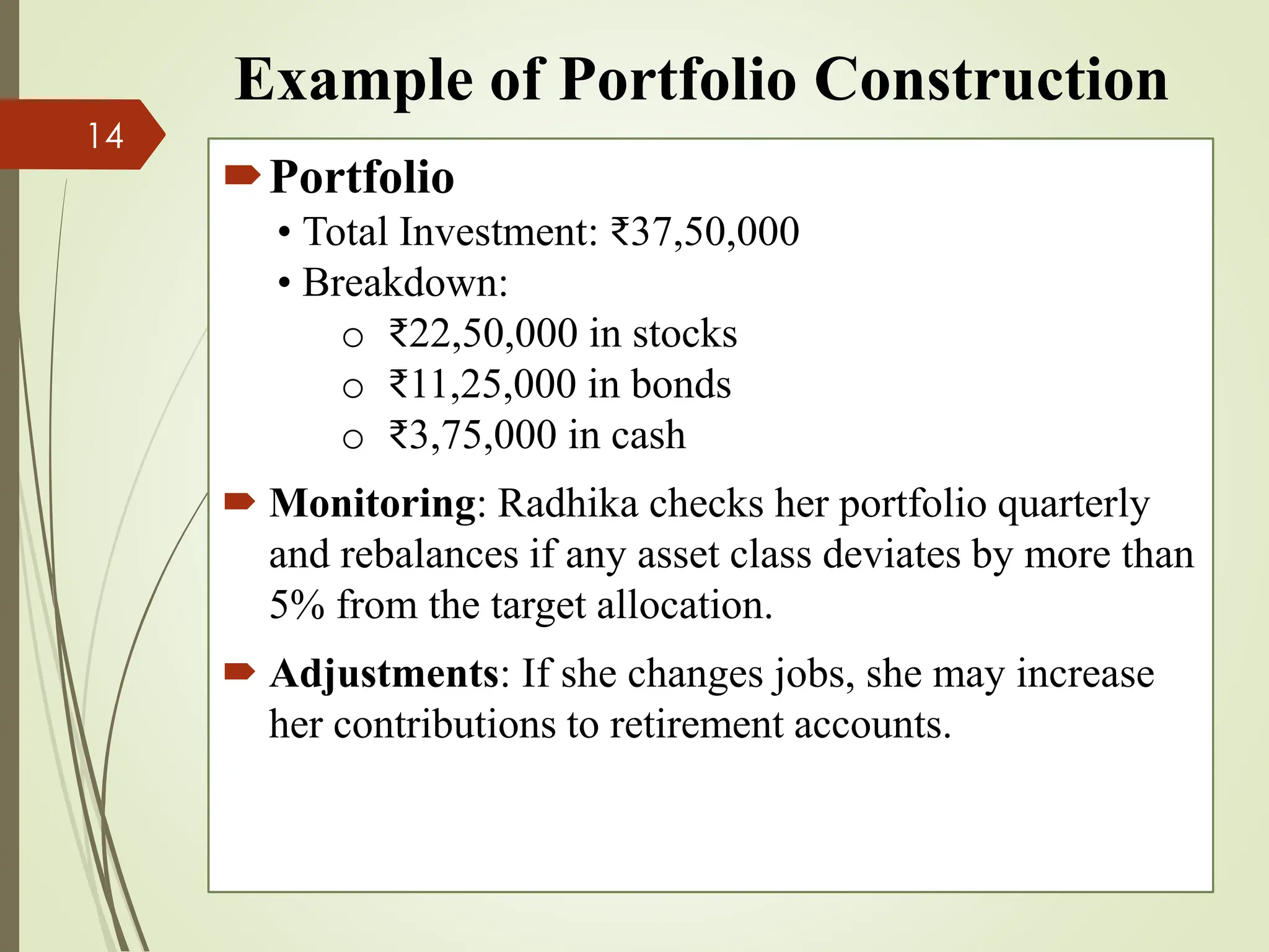 Example of Portfolio Construction
Portfolio
• Total Investment: ₹37,50,000
• Breakdown:
o ₹22,50,000 in stocks
o ₹11,25,000 in bonds
o ₹3,75,000 in cash
 Monitoring: Radhika checks her portfolio quarterly
and rebalances if any asset class deviates by more than
5% from the target allocation.
 Adjustments: If she changes jobs, she may increase
her contributions to retirement accounts.
14
 