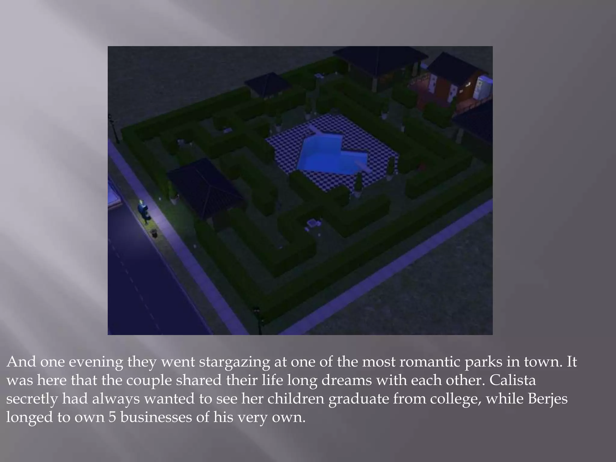 And one evening they went stargazing at one of the most romantic parks in town. It was here that the couple shared their life long dreams with each other. Calista secretly had always wanted to see her children graduate from college, while Berjes longed to own 5 businesses of his very own. 