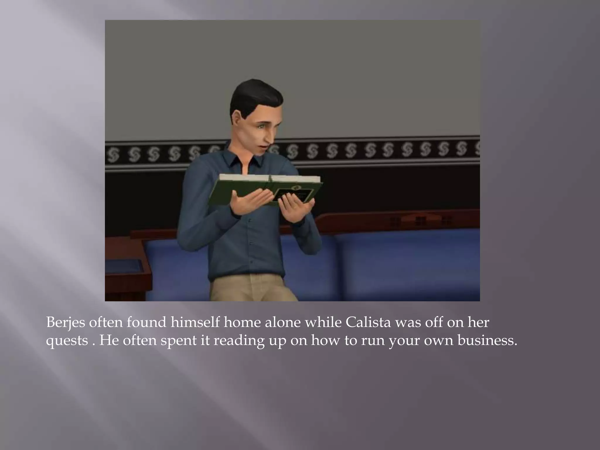 Berjes often found himself home alone while Calista was off on her quests . He often spent it reading up on how to run your own business.