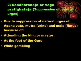 2)  Sandharanaja or vega pratighataja  (Suppression of natural urges) <ul><li>Due to suppression of natural urges of Apana...