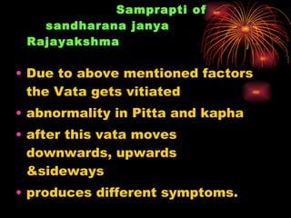 Samprapti of    sandharana janya Rajayakshma <ul><li>Due to above mentioned factors the Vata gets vitiated </li></ul><ul><...