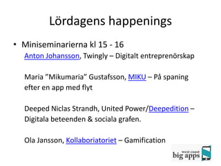 Lördagens happenings
• Miniseminarierna kl 15 - 16
  Anton Johansson, Twingly – Digitalt entreprenörskap

  Maria ”Mikumaria” Gustafsson, MIKU – På spaning
  efter en app med flyt

  Deeped Niclas Strandh, United Power/Deepedition –
  Digitala beteenden & sociala grafen.

  Ola Jansson, Kollaboriatoriet – Gamification
 