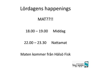 Lördagens happenings
         MAT??!!

  18.00 – 19.00   Middag

  22.00 – 23.30   Nattamat

Maten kommer från Hälsö Fisk
 