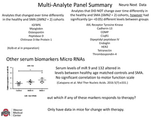 Multi-Analyte Panel Summary
Analytes that changed over time differently
in the healthy and SMA (SMN2 = 2) cohorts
IGFBP6
Myoglobin
Osteopontin
Peptidase D
Chitinase-3-like Protein 1
Analytes that DID NOT change over time differently in
the healthy and SMA (SMN2 = 2) cohorts, however had
significantly (p= <0.05) different levels between groups
AXL Receptor Tyrosine Kinase
Cadherin-13
COMP
C1qR1
Dipeptidyl peptidase IV
Endoglin
HER2
Tetranectin
Thrombospondin-4
Neuro Next Data
But which if any of these markers responds to therapy?
Only have data in mice for change with therapy.
(Catapano et al. Mol Ther Nucleic Acids. 2016 5(7):e331.)
Serum levels of miR 9 and 132 altered in
levels between healthy age matched controls and SMA.
No significant correlation to motor function scale
Other serum biomarkers Micro RNAs
(Kolb et al in preparation)
 