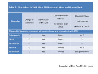 Table 3: Biomarkers in SMA Mice, SMN-restored Mice, and Human SMA
Biomarker
Change in
SMA mice
Normalized
with SMN
Correlation with
MHFMS
(Kobayashi et al.
2013)
Change in SMA
(<6 months)
(Kolb et al. 2015)
Changed in SMA mice compared with control mice and normalized with SMN
Osteopontin ↑ Yes Direct No ∆
DPPIV ↑ Yes Direct ↑
Tetranectin ↑ Yes Direct ↑
Fetuin A ↓ Yes Inverse No ∆
Vitronectin ↓ Yes Inverse Not performed
Arnold et al Plos One2016 in press
 