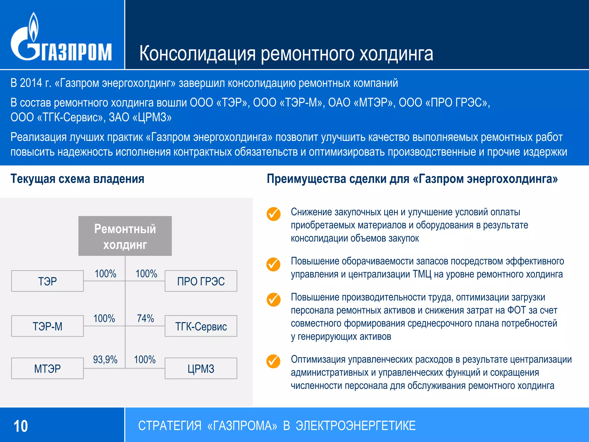 10
Консолидация ремонтного холдинга
СТРАТЕГИЯ «ГАЗПРОМА» В ЭЛЕКТРОЭНЕРГЕТИКЕ
В 2014 г. «Газпром энергохолдинг» завершил консолидацию ремонтных компаний
В состав ремонтного холдинга вошли ООО «ТЭР», ООО «ТЭР-М», ОАО «МТЭР», ООО «ПРО ГРЭС»,
ООО «ТГК-Сервис», ЗАО «ЦРМЗ»
Реализация лучших практик «Газпром энергохолдинга» позволит улучшить качество выполняемых ремонтных работ
повысить надежность исполнения контрактных обязательств и оптимизировать производственные и прочие издержки
Преимущества сделки для «Газпром энергохолдинга»
 Снижение закупочных цен и улучшение условий оплаты
приобретаемых материалов и оборудования в результате
консолидации объемов закупок
Повышение оборачиваемости запасов посредством эффективного
управления и централизации ТМЦ на уровне ремонтного холдинга
Повышение производительности труда, оптимизации загрузки
персонала ремонтных активов и снижения затрат на ФОТ за счет
совместного формирования среднесрочного плана потребностей
у генерирующих активов
Оптимизация управленческих расходов в результате централизации
административных и управленческих функций и сокращения
численности персонала для обслуживания ремонтного холдинга



Текущая схема владения
Ремонтный
холдинг
ТЭР
ТЭР-М
МТЭР
ПРО ГРЭС
ТГК-Сервис
ЦРМЗ
100%
100%
93,9%
100%
74%
100%
 