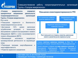Совершенствование работы газораспределительных организаций
Группы «Газпром межрегионгаз»
7
ПОСТАВКИ ГАЗА НА ВНУТРЕННИЙ РЫНОК.
РЕАЛИЗАЦИЯ ПРОГРАММЫ ГАЗИФИКАЦИИ РЕГИОНОВ
«Газпром межрегионгаз» определил
приоритетные направления деятельности
газораспределительных организаций
Группы «Газпром межрегионгаз».
В их числе:
 Повышение надежности и безопасности
газораспределительных систем;
 Достижение 100% уровня заключения
потребителями договоров о техническом
обслуживании и ремонте внутридомового газового
оборудования (ВДГО) и (или) внутриквартирного
газового оборудования (ВКГО);
 Минимизация негативного воздействия
производственной деятельности на окружающую
среду;
 Реализация программ энергосбережения и
энергоэффективности;
 Развитие сервисного направления.
Выделение сервисного бизнеса в
отдельную структуру
Модернизация службы
«Единое окно»
Рост количества и развитие
качества сервисных услуг
Повышение клиентоориентированности ГРО
Рост лояльности со стороны клиентов, увеличение
охвата и развитие рынка сервисных услуг
Созданы пилотные сервисные компании на базе ГРО - в
Брянской, Ростовской, Тульской областях и Краснодарском крае.
Принято решение о создании еще ряда сервисных компаний - в
Ленинградской, Нижегородской, Смоленской Ярославской,
Новосибирской, Кемеровской, Томской областях,
Ставропольском, Алтайском крае и в г. Сочи.
 