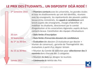 1er semestre	2016 >	Premiers	contacts avec	les	universités,	les	grandes	écoles	
et	tous	les	établissements	qui	ont	été	identifiés,	 réunions	
avec	les	enseignants,	 les	représentants	des	pouvoirs	publics	
locaux	et/ou	ministériels,	les	appels	à	candidature	sont	
lancés	auprès	des	enseignants,	 chargés	d’identifier	 et	
mobiliser	les	étudiants,	directement	par	le	comité	
d’organisation	et	les	associations	régionales	auprès	de	leurs	
contacts	locaux.	Constitution	des	équipes	d’évaluateurs
20	Juin	 >	Date	limite	d’inscription
30	Septembre >	Date	limite	d’envoi	des	dossiers	de	candidature
du	1er au	30	Oct. >	Évaluation des	dossiers	(3	évaluateurs	par	dossier	+
réunion	de	consensus)	;	garantie	de	l’homogénéité	 des	
évaluations	à	partir	d’un	dossier	témoin
du	15	au	30	Nov. >	Réunion	du	Comité	de	Sélection	pour	sélectionner	des	3	
nominés	dans	chacune	des	2	catégories
>	Réunion	du	Jury	qui	désigne	les	lauréats
Janvier	2017 >	Cérémonie	de	remise	des	Prix
LE	PRIX	DES	ÉTUDIANTS…	UN	DISPOSITIF	DÉJÀ	RODÉ	!
2017/CADR/n10/V1
 