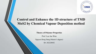 Theory of Polymer Properties
Prof. Lee Jae Won
Nguyen Hong Dang (Master’s degree)
ID: 202228042
Control and Enhance the 1D structure of TMD
MoS2 by Chemical Vapour Deposition method
 