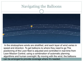 Navigating the Balloons
In the stratosphere winds are stratified, and each layer of wind varies in
speed and direction. To get balloons to where they need to go The
positioning of the Loon fleet is adjusted and controlled in real-time from
Loon Mission Control, using a combination of automatic planning
algorithms and human oversight. By moving with the wind, the balloons
can be arranged to provide coverage where it’s needed.
 