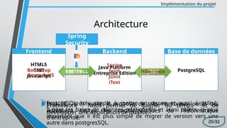 PostgreSQL
Base de données
HTML5
CSS3
JavaScript
Frontend
Java Platform
Entreprise Edition
Backend
Architecture
Bootstrap
AnugularJS
Spring
boot
JUnit
iText
Java EE : très vaste, il propose de très nombreux outils qui
adressent toutes les problématiques de l'informatique
d'entreprise.
PostgreSQL: très simple à mettre en œuvre et aussi à utilisé,
Il gère les bases de données relationnels et aussi objets, le plus
important que il est plus simple de migrer de version vers une
autre dans postgresSQL.
Framework : Nous permet de gagner du temps et de
développer une application de qualité.
Implémentation du projet
HTTP
RESTFULL JDBC
Hibernate
Spring
Security
25/32
 