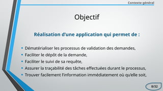 Contexte général
Objectif
Réalisation d’une application qui permet de :
• Dématérialiser les processus de validation des demandes,
• Faciliter le dépôt de la demande,
• Faciliter le suivi de sa requête,
• Assurer la traçabilité des tâches effectuées durant le processus,
• Trouver facilement l’information immédiatement où qu’elle soit,
8/32
 