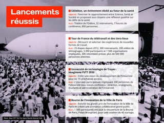 Bourse de l’innovation de la Ville de Paris
OBJECTIF : Enrichir les grands prix de l’innovation de la Ville de
Paris en créant une animation collaborative grand public.
PLUS : 1 500 participants ont joué la réouverture de la Bourse
de Paris, Palais Brongniart, pour une cotation de 40 startups.
Tour de France du télétravail et des tiers-lieux
OBJECTIF : Découvrir et valoriser des expériences de nouvelles
formes de travail.
PLUS : 25 étapes depuis 2012, 300 intervenants, 200 vidéos de
témoignages, 5 000 participants et 1 500 organisations
impliquées, 300 retombées presse, plus de 500 000
personnes atteintes.
Université de technologie de Troyes :  
imaginons l’UTT 2030
OBJECTIF : Créer une vision du développement de l’Université
pour les 15 prochaines années.
PLUS : 2 journées participatives impliquant 300 personnes de
l’Université tous statuts confondus : direction, enseignants,
étudiants et administration de l'Université.
S3Odéon, un événement dédié au futur de la santé
OBJECTIF : Favoriser le rapprochement entre Science, Santé et
Société en proposant aux citoyens une réflexion positive sur
les défis de la santé.
PLUS : Théâtre de l’Odéon, 32 intervenants, 7 heures de
conférence, 800 personnes…
Photo : Nasa 1977 The First Space Shuttle External Tank
Lancements
réussis
 