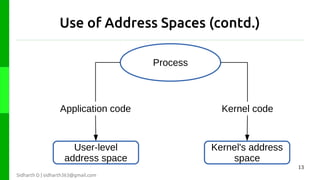 Use of Address Spaces (contd.)
Process

Application code

Kernel code

User-level
address space

Kernel's address
space
13

Sidharth D | sidharth363@gmail.com

 