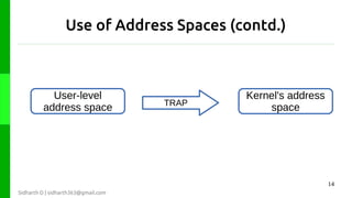 Use of Address Spaces (contd.)

User-level
address space

TRAP

Kernel's address
space

14
Sidharth D | sidharth363@gmail.com

 