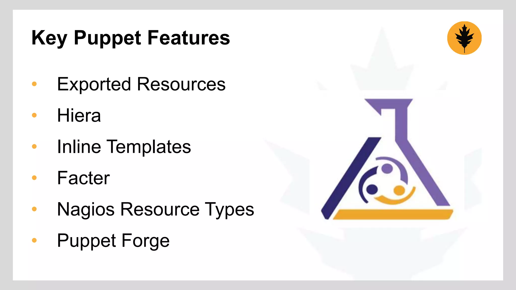 Key Puppet Features 
• Exported Resources 
• Hiera 
• Inline Templates 
• Facter 
• Nagios Resource Types 
• Puppet Forge 
 