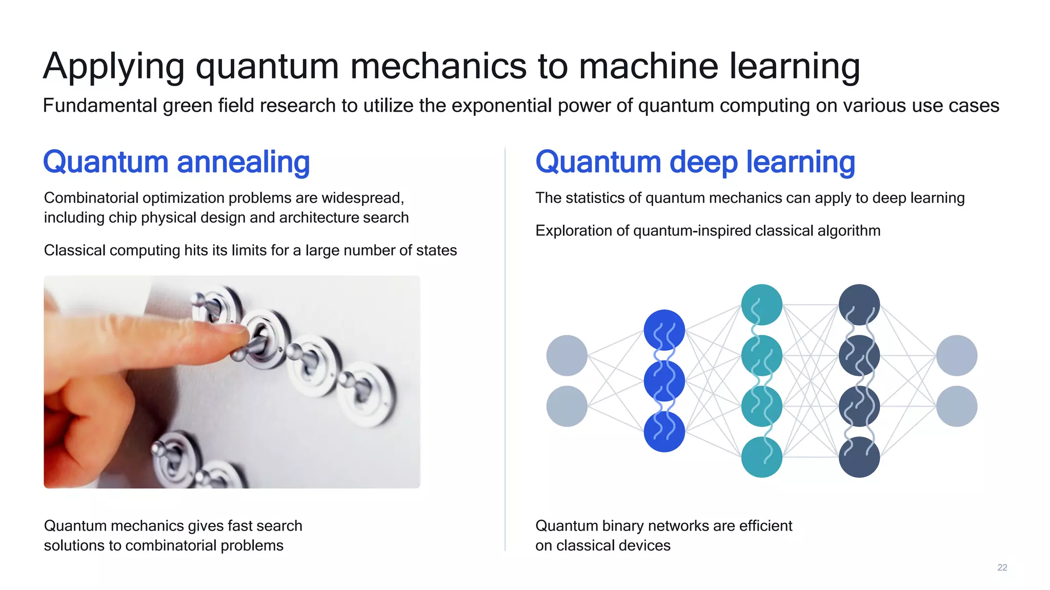 22
Applying quantum mechanics to machine learning
Fundamental green field research to utilize the exponential power of quantum computing on various use cases
Quantum annealing
Combinatorial optimization problems are widespread,
including chip physical design and architecture search
Classical computing hits its limits for a large number of states
Quantum deep learning
The statistics of quantum mechanics can apply to deep learning
Exploration of quantum-inspired classical algorithm
Quantum binary networks are efficient
on classical devices
Quantum mechanics gives fast search
solutions to combinatorial problems
 