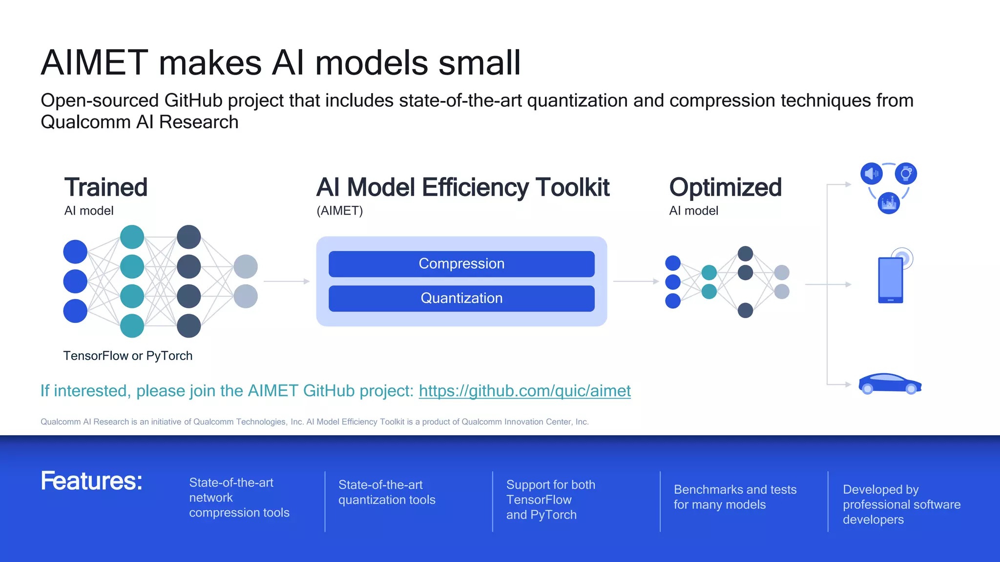 9
Qualcomm AI Research is an initiative of Qualcomm Technologies, Inc. AI Model Efficiency Toolkit is a product of Qualcomm Innovation Center, Inc.
AIMET makes AI models small
Open-sourced GitHub project that includes state-of-the-art quantization and compression techniques from
Qualcomm AI Research
If interested, please join the AIMET GitHub project: https://github.com/quic/aimet
Features: State-of-the-art
network
compression tools
State-of-the-art
quantization tools
Support for both
TensorFlow
and PyTorch
Benchmarks and tests
for many models
Developed by
professional software
developers
Trained
AI model
AI Model Efficiency Toolkit
(AIMET)
Optimized
AI model
TensorFlow or PyTorch
Compression
Quantization
 