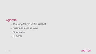 Agenda
- January-March 2016 in brief
- Business area review
- Financials
- Outlook
April 28, 2016
 