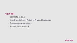 Agenda
- Q2/2016 in brief
- Ahlstrom to keep Building & Wind business
- Business area reviews
- Financials & outlook
2
 