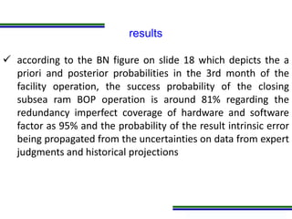 Programa de Atualização Profissional
results
 according to the BN figure on slide 18 which depicts the a
priori and posterior probabilities in the 3rd month of the
facility operation, the success probability of the closing
subsea ram BOP operation is around 81% regarding the
redundancy imperfect coverage of hardware and software
factor as 95% and the probability of the result intrinsic error
being propagated from the uncertainties on data from expert
judgments and historical projections
 